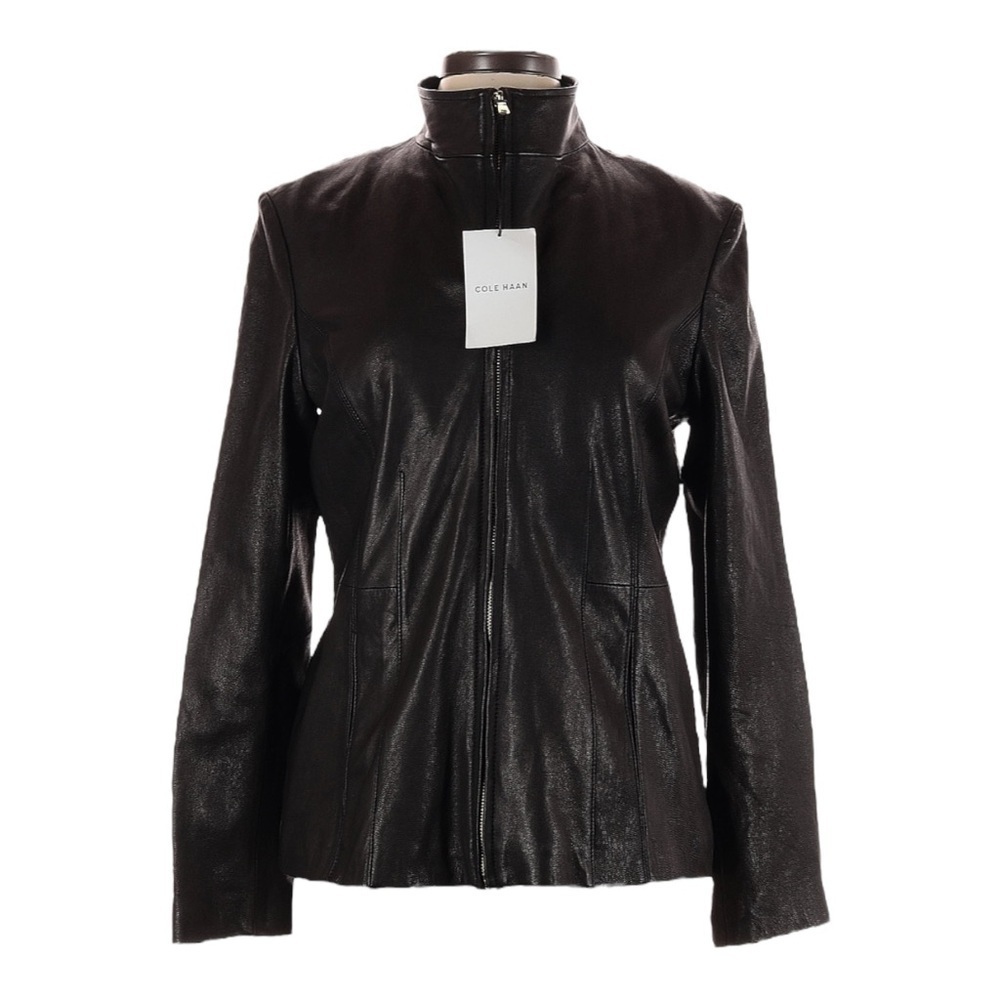 Cole Haan $498 Genuine Leather Moto Jacket L NWT Black Gold Zip Sleek Tailored